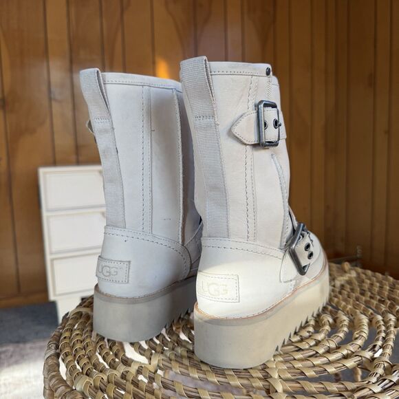 UGG Classic Rebel Biker Rocker Bone Platform Boots Women’s US 5 Beige Cream - Picture 3 of 15